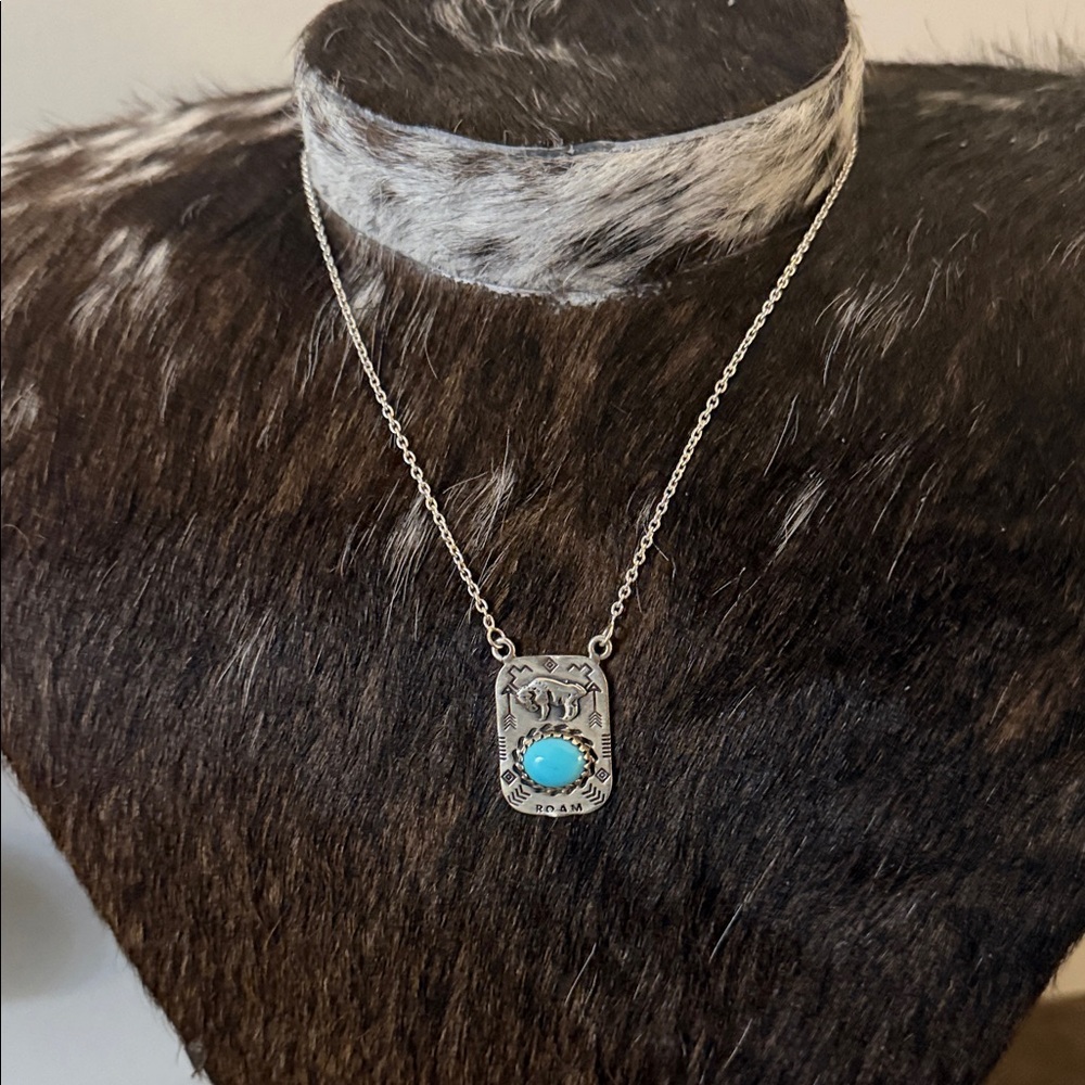 Sterling Silver Buffalo Necklace with genuine turquoise